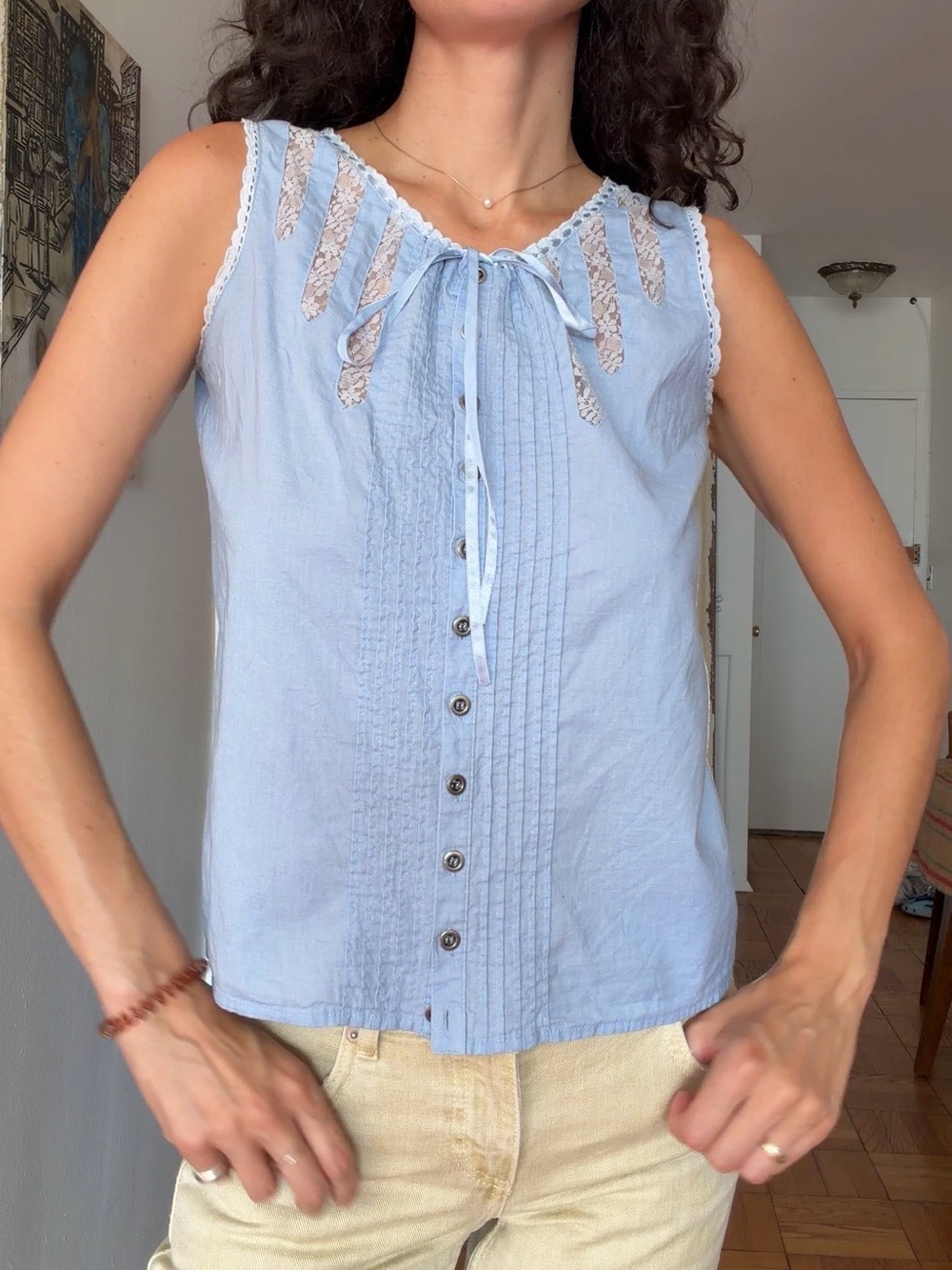 Together Light Blue Lace-Trim Button Down Tank Top